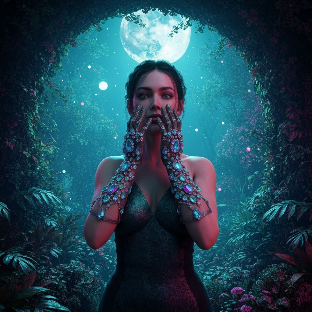 Mystical Jeweled Woman in Ethereal Garden