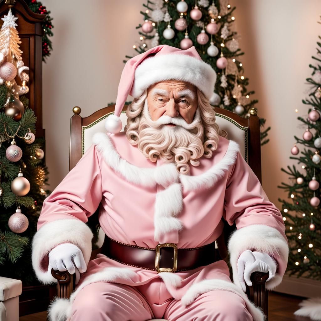 Vintage Santa in Pink Suit Beside Christmas Tree