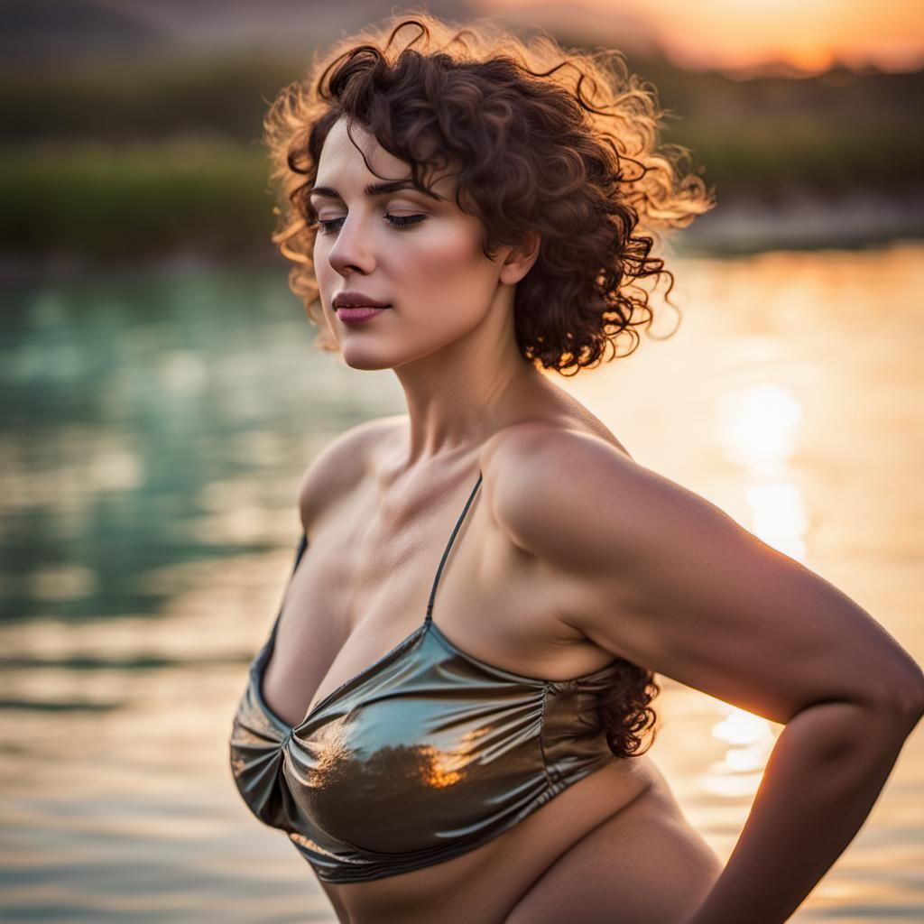 Curvy Woman Reflected in Lagoon at Sunset