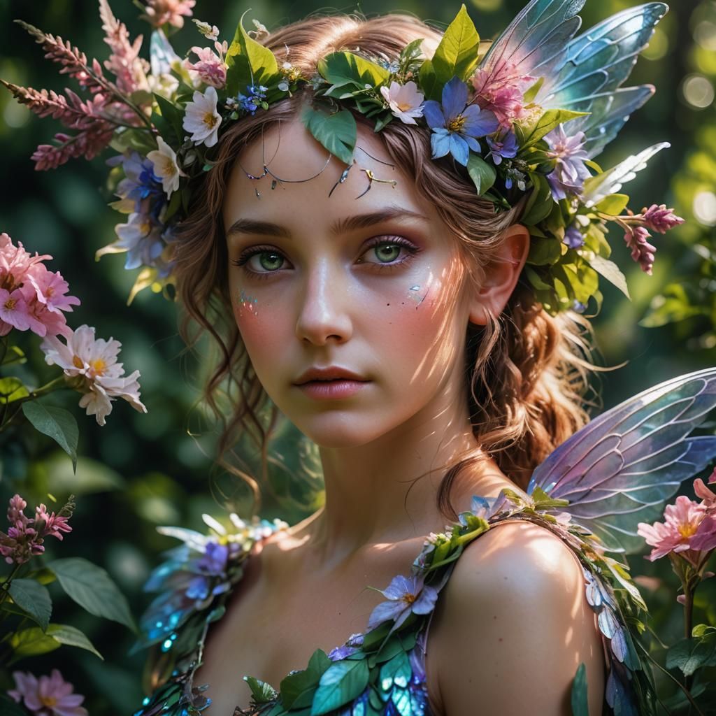 Delicate Summer Fae Portrait with Iridescent Wings