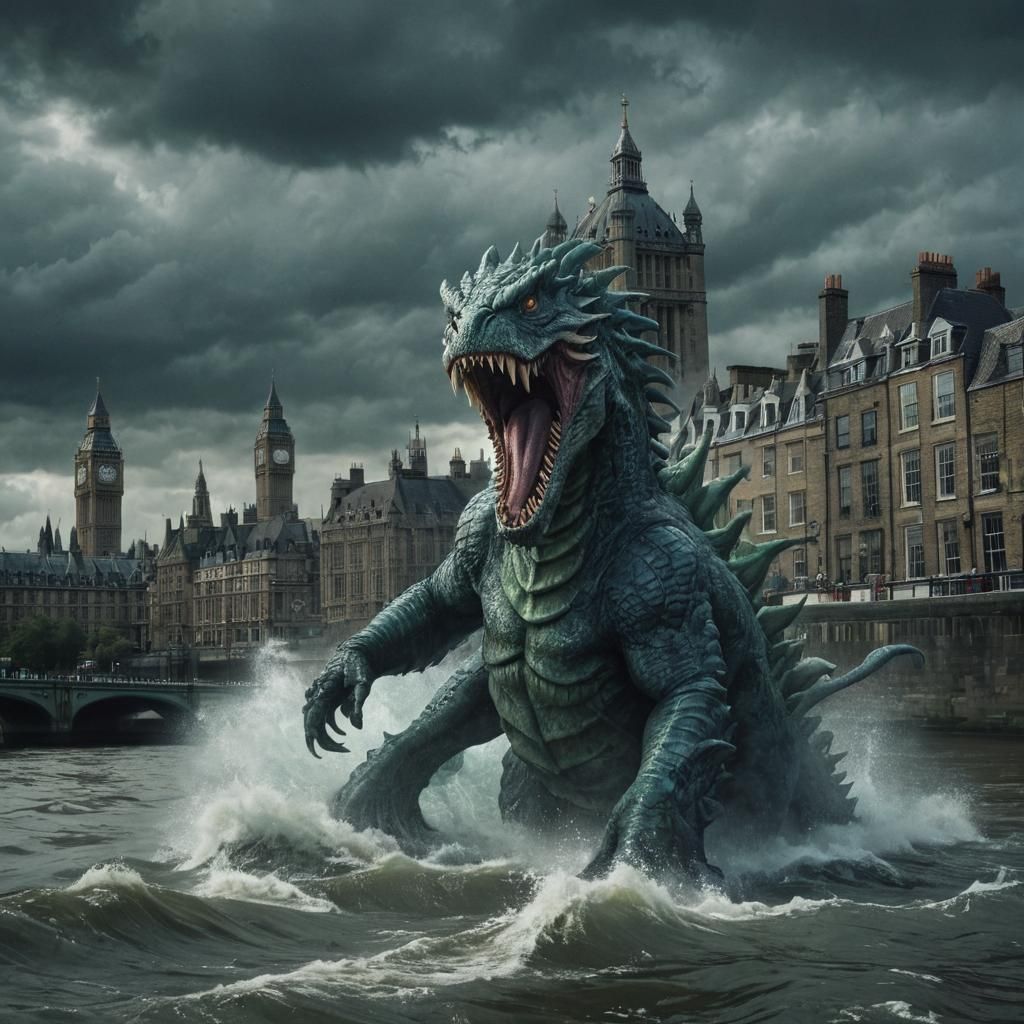 Sea Monster Emerges from Thames: Dark Fantasy Illustration