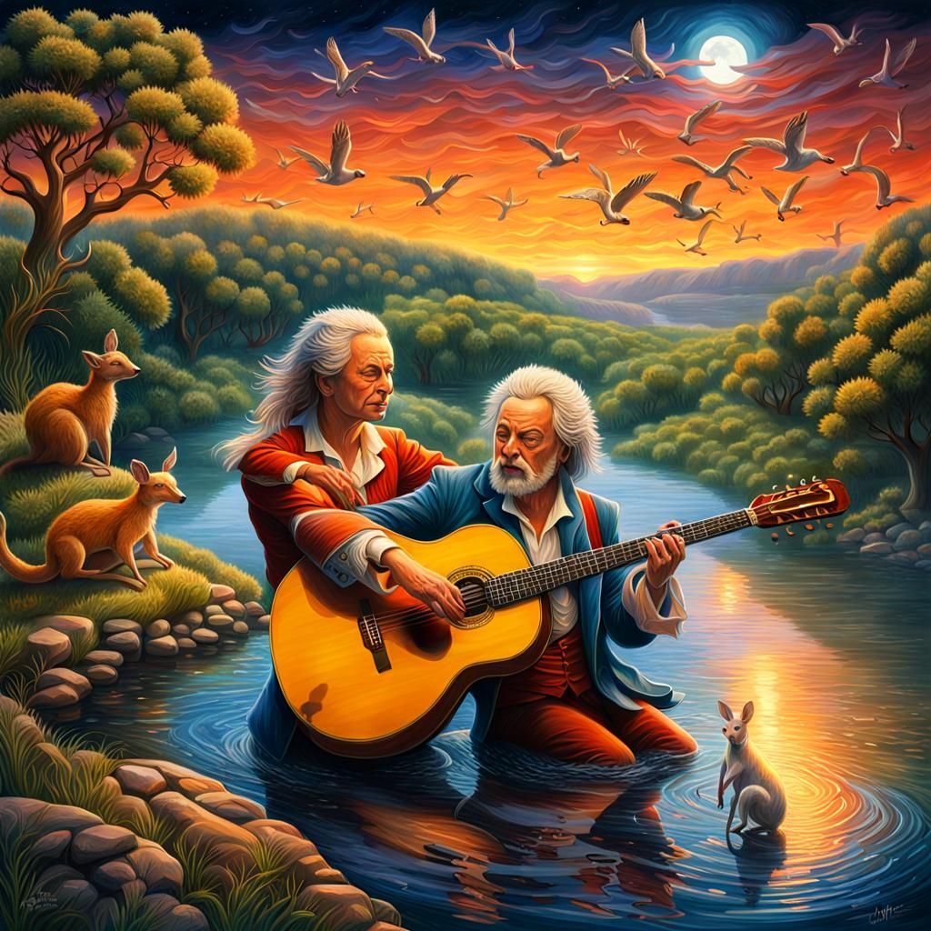 Hyperrealistic Musicians' Moonrise River Concert