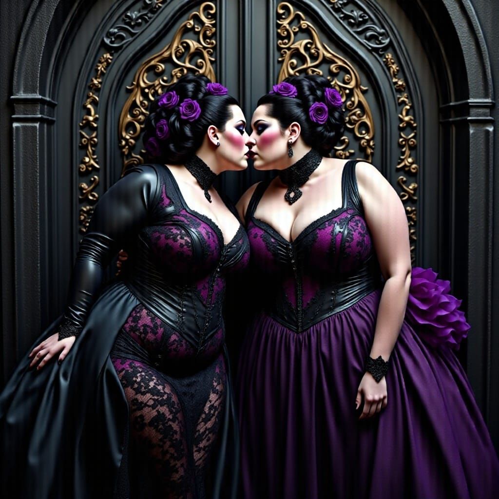 Passionate Vampire Kiss Against Black Metal Door