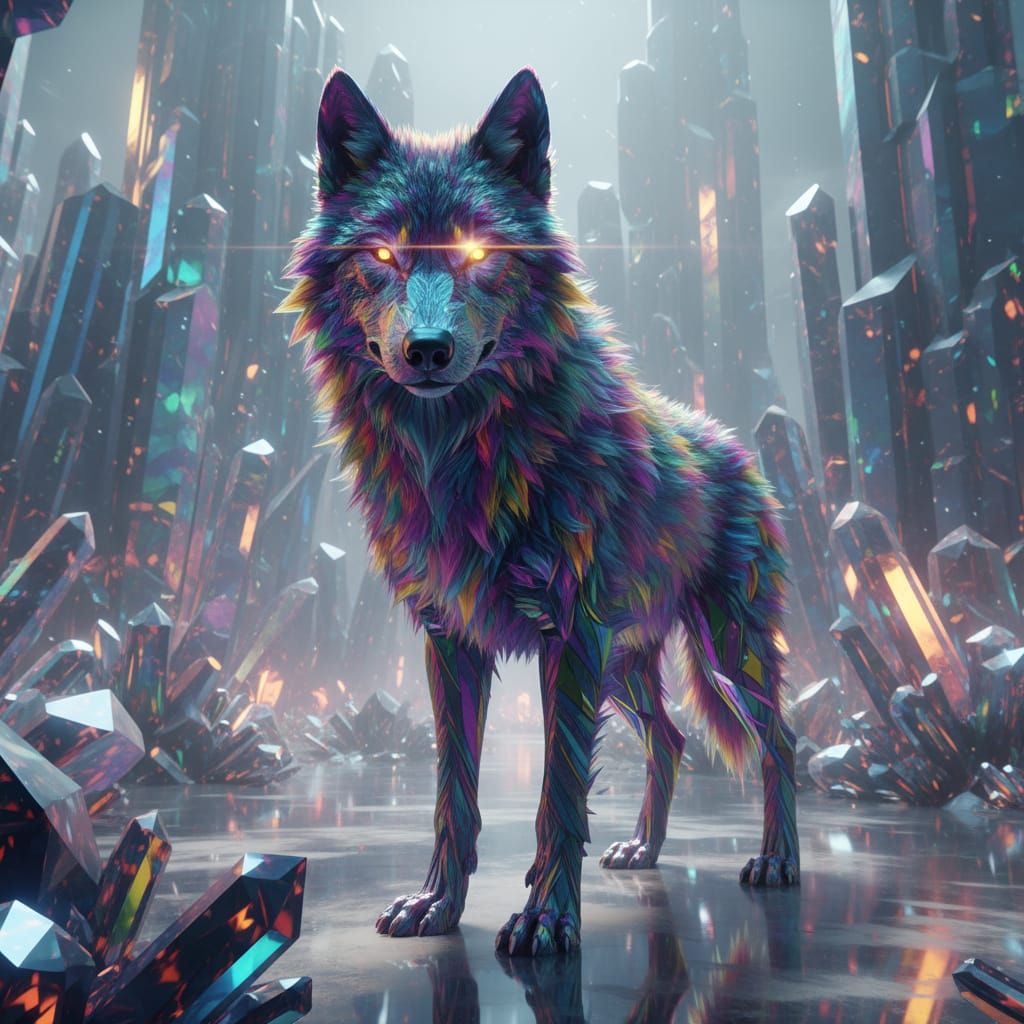 Holographic Wolf with Diamond Eyes, Photorealistic Style