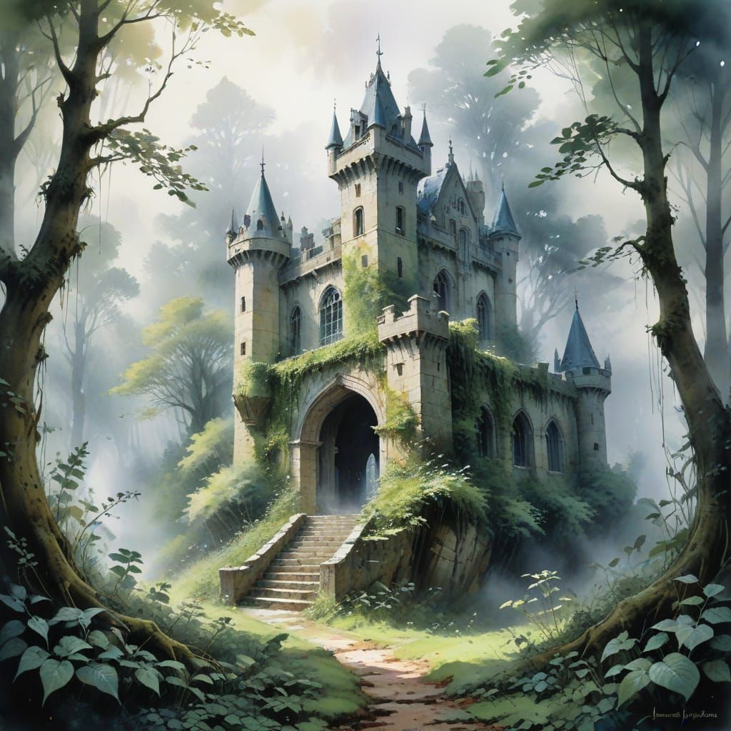 Misty Ancient Castle in Verdant Forest Watercolour