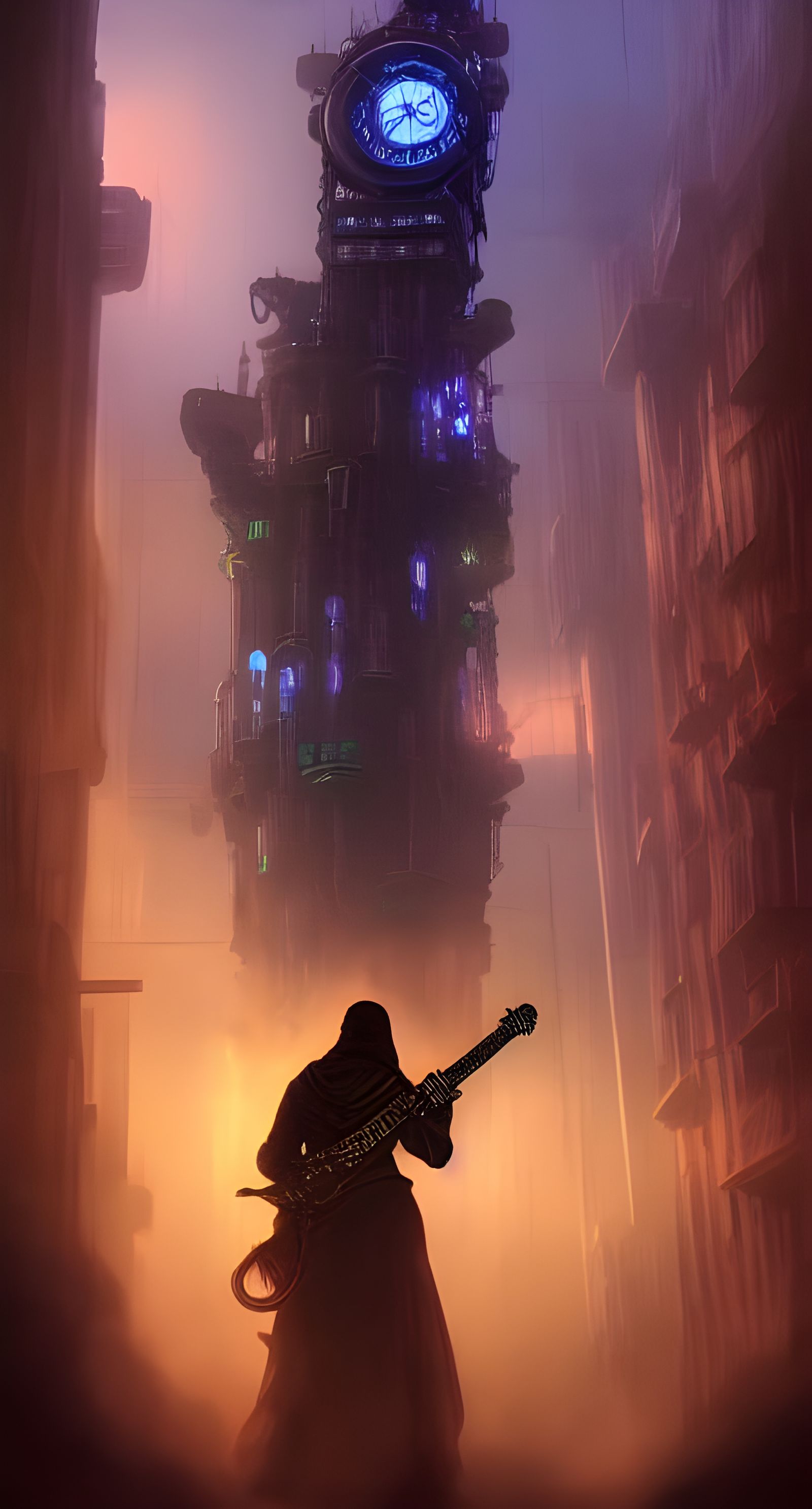 Medieval Cyberpunk Tower Guitarist in Digital Painting