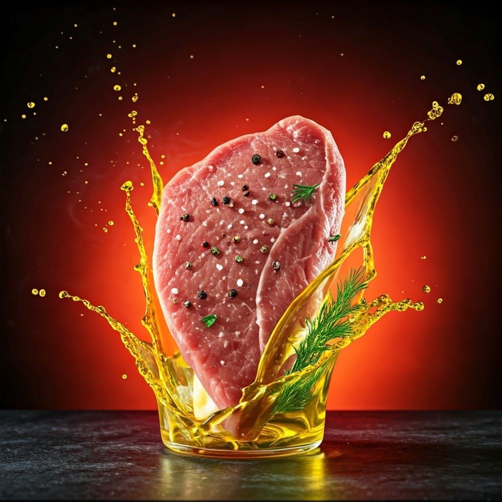 Savory Meat in Zero Gravity Splashes of Oil and Herbs