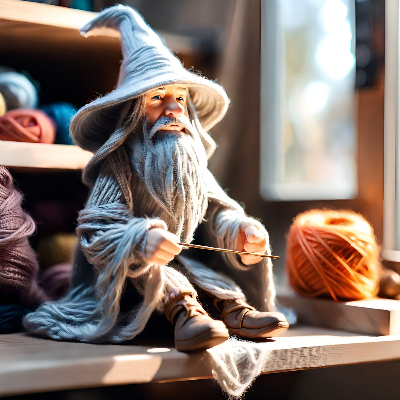 Yarn Gandalf Doll on a Shelf, Detailed Digital Art