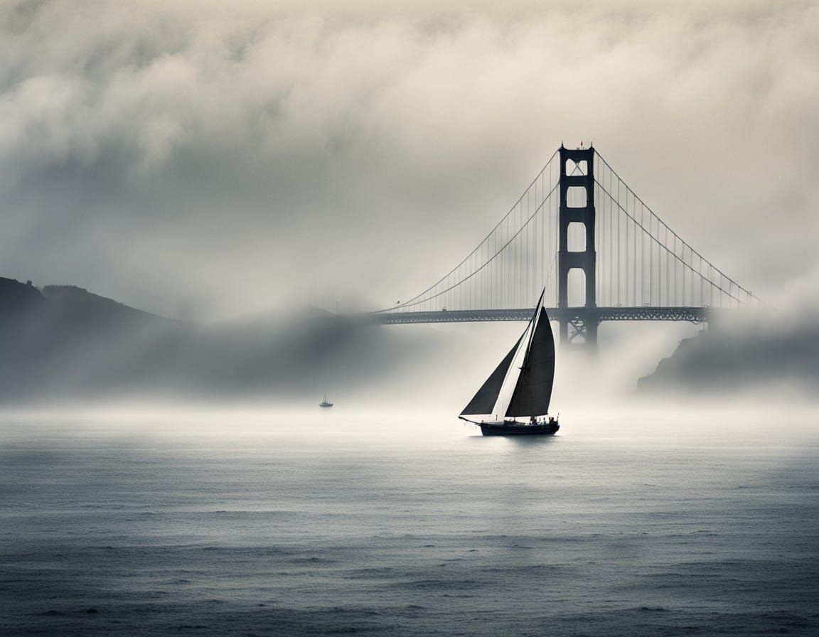 Sailboat Drifts Through Foggy San Francisco Bay Landscape