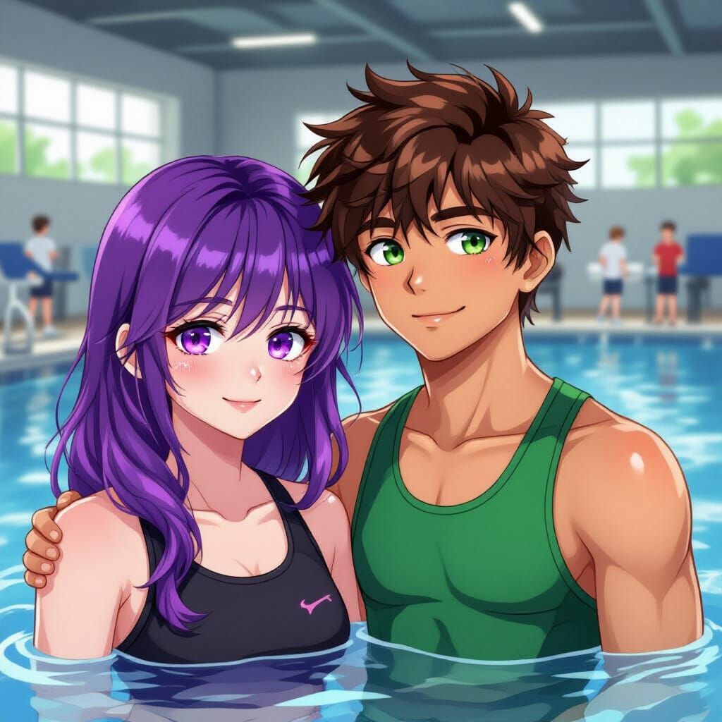 A teenage girl swimmer who has purple hair and pink eyes and...
