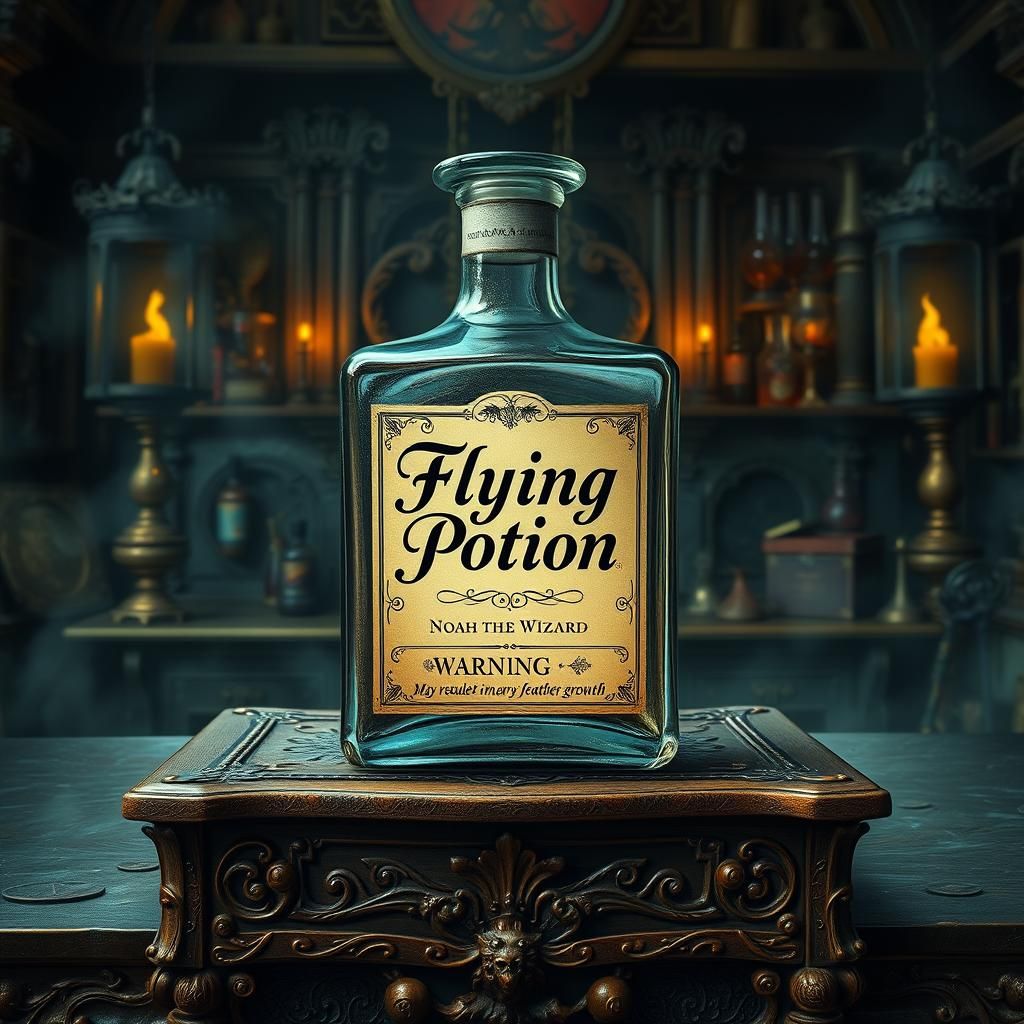 Flying Potion in Mystical Apothecary, Detailed Illustration
