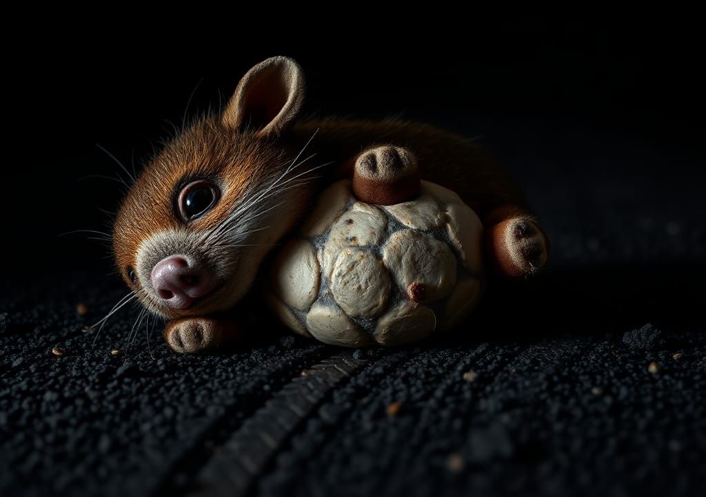 (portrait chiaroscuro depicting adorable chibi roadkill with tiretrack running through it's flattened tummy:1.5)

(Insan...