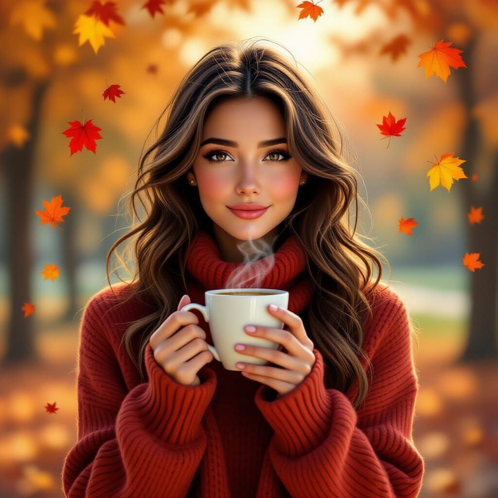 Cozy Autumn Scene: Lady with Coffee in Warm Painterly Style