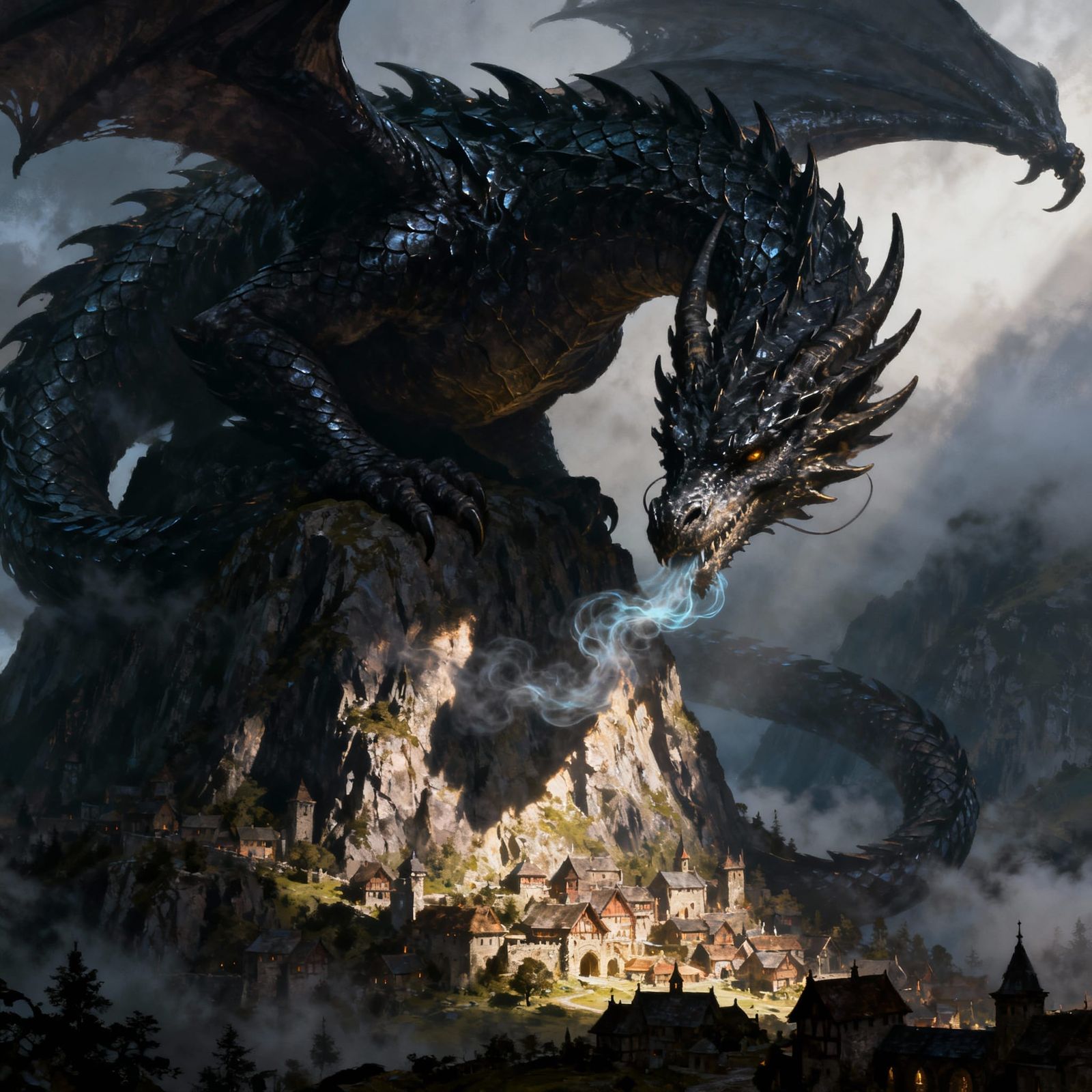 Colossal Obsidian Dragon Over Mountain Village