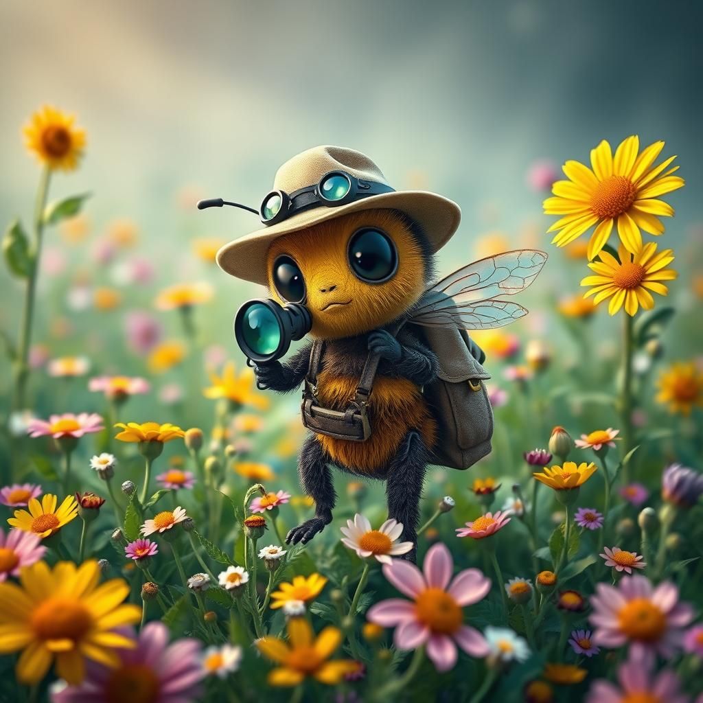 Chibi Bumblebee Explorer in Flower Field: Digital Painting