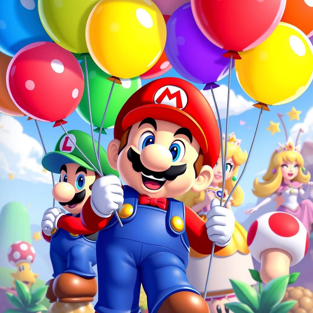 Mario and Friends with Balloons in Vibrant 3D