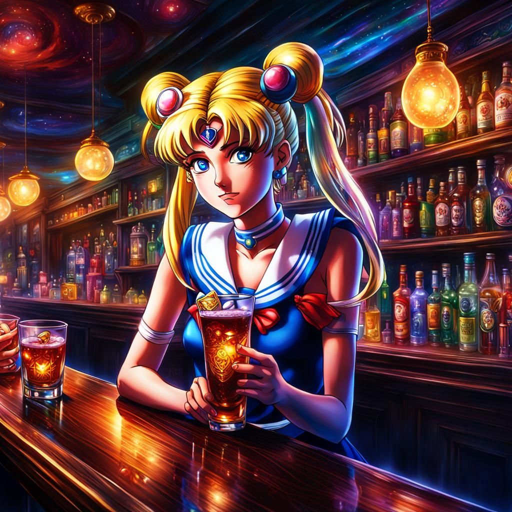 Sailor moon in a bar drinking intricate details, HDR, beauti...