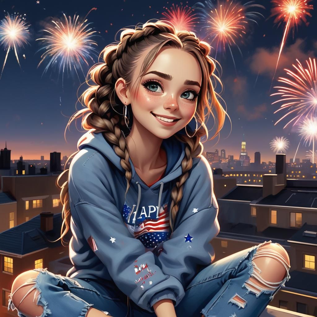 Girl on Rooftop Watching 4th of July Fireworks