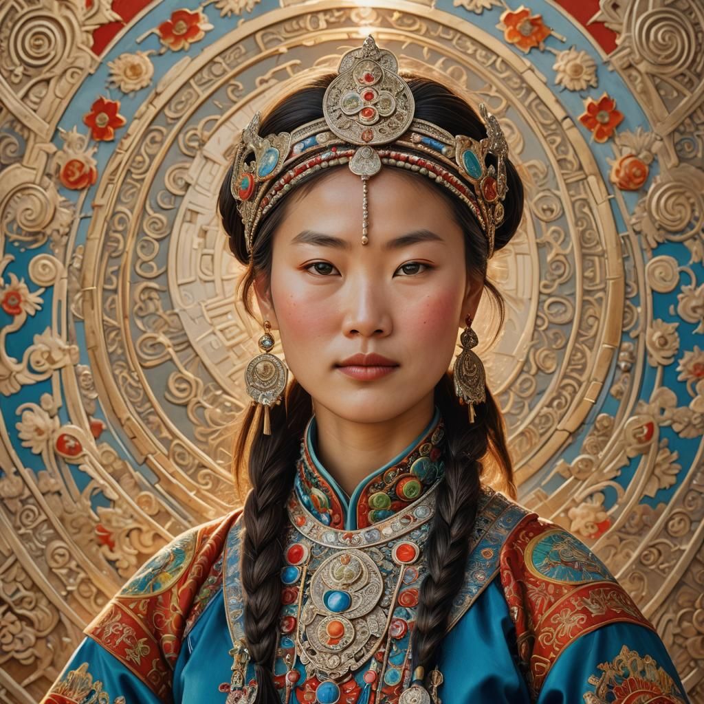 Mongolian Woman Portrait in Folk Art Style