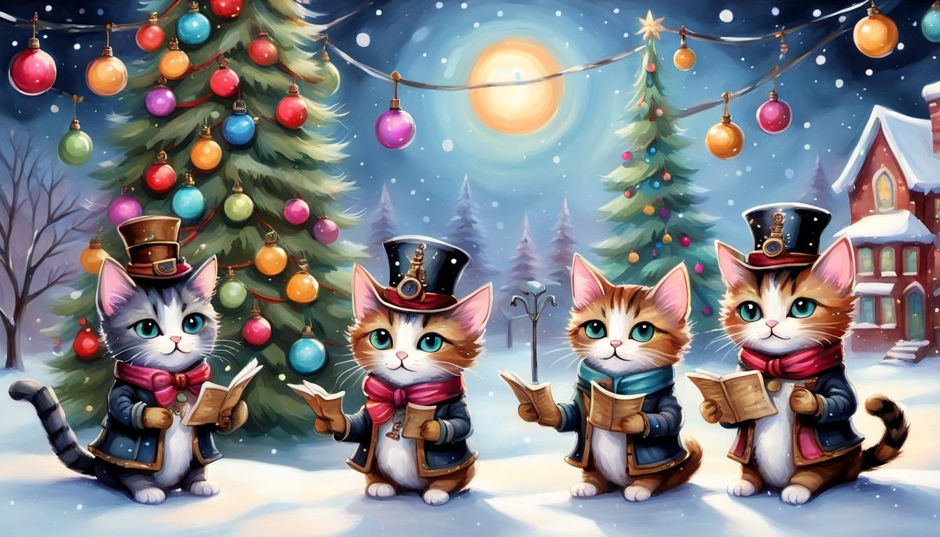 Steampunk Cats Caroling Around Christmas Tree
