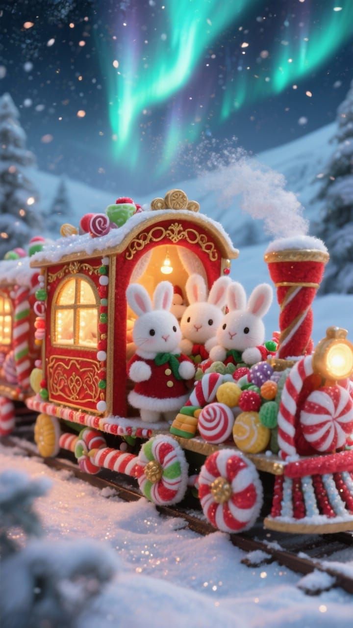 Cute Christmas Bunnies on Candy Train Under Northern Lights