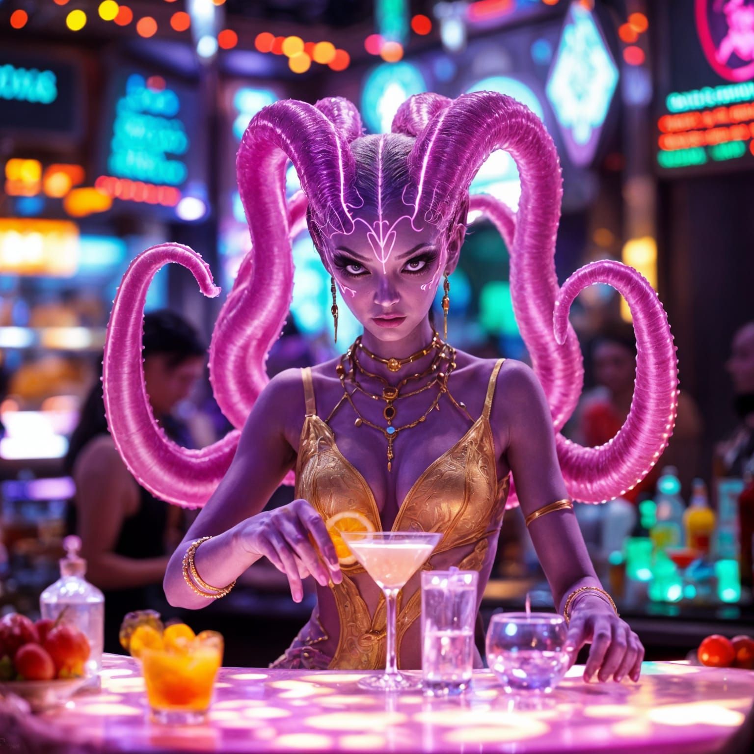 Glowing Alien Bartender in Cosmic Lounge