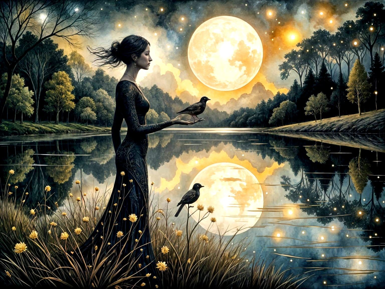 Ethereal Figure by Tranquil Lake in Alcohol Ink Style