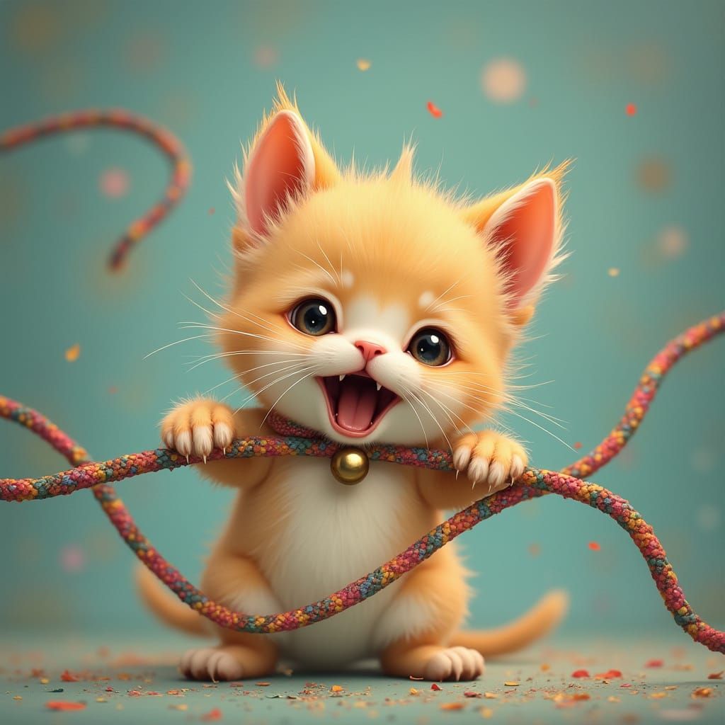 Startled Kitten Bites Electric Cable in Whimsical Style