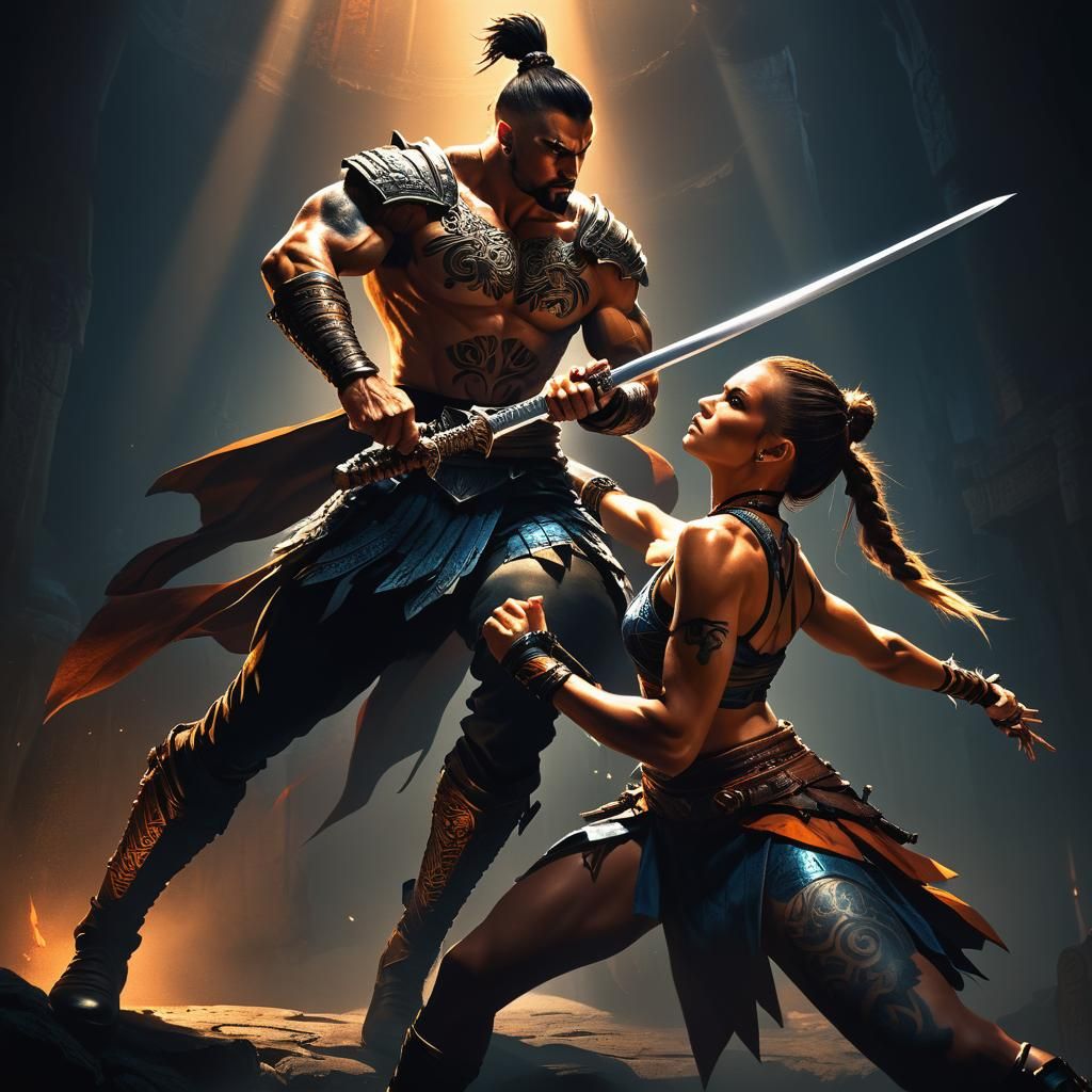 Heroic Fantasy Warrior Battling Shadows with Sword