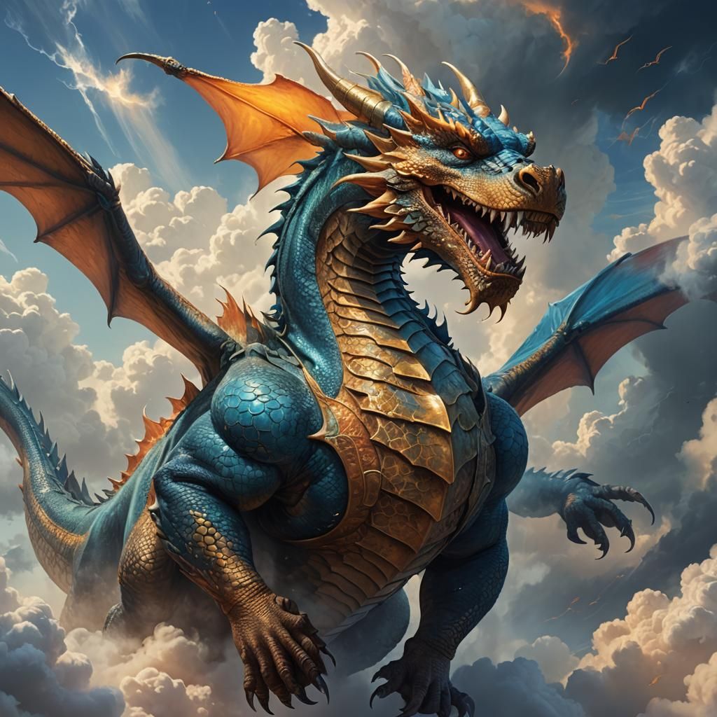 Fantasy Dragon with Large Belly Amidst Misty Clouds