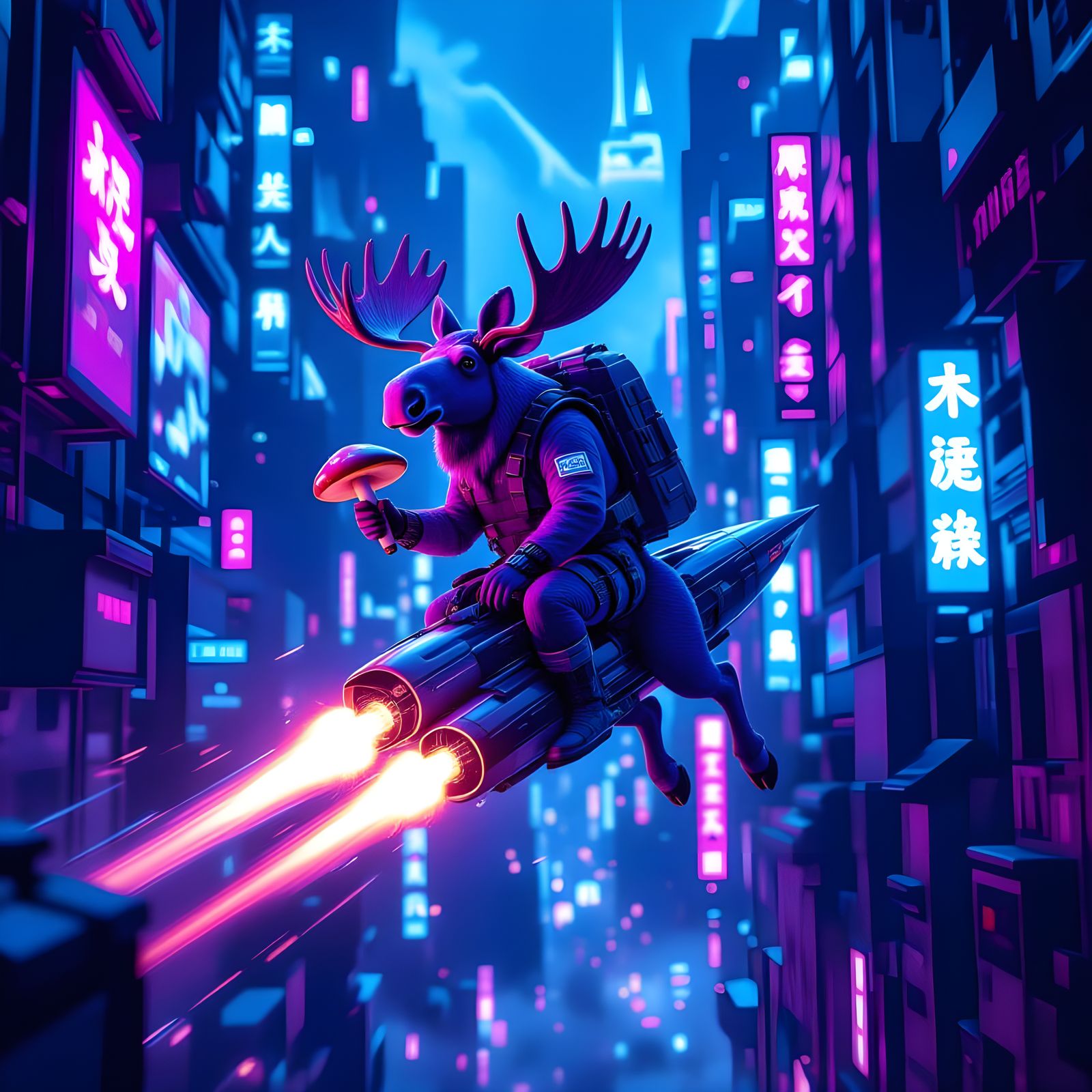 Cyberpunk Moose Soaring Through Neon Canyons