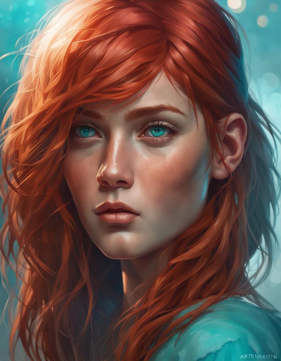 Red-Haired Girl Portrait with Freckles and Turquoise Eyes
