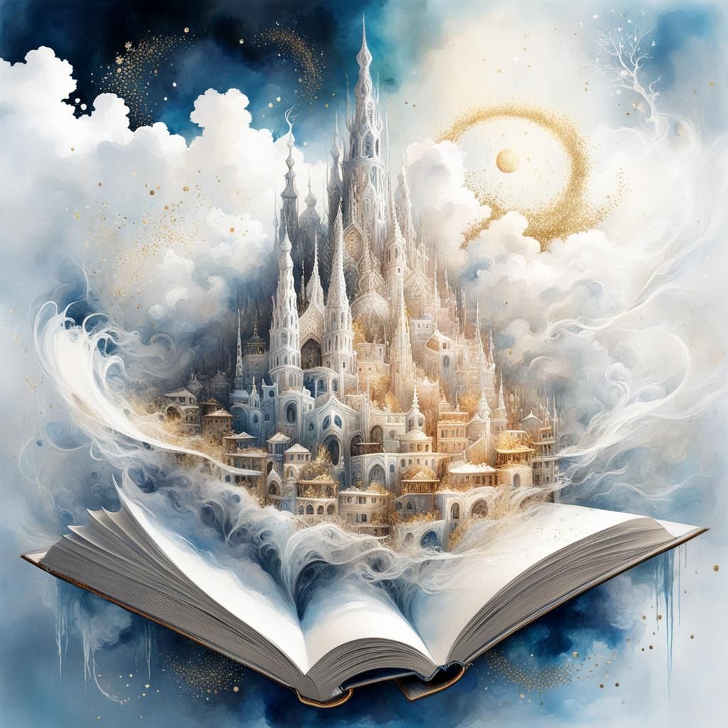 Magical White Village Emerging from Book, Gaudi Style