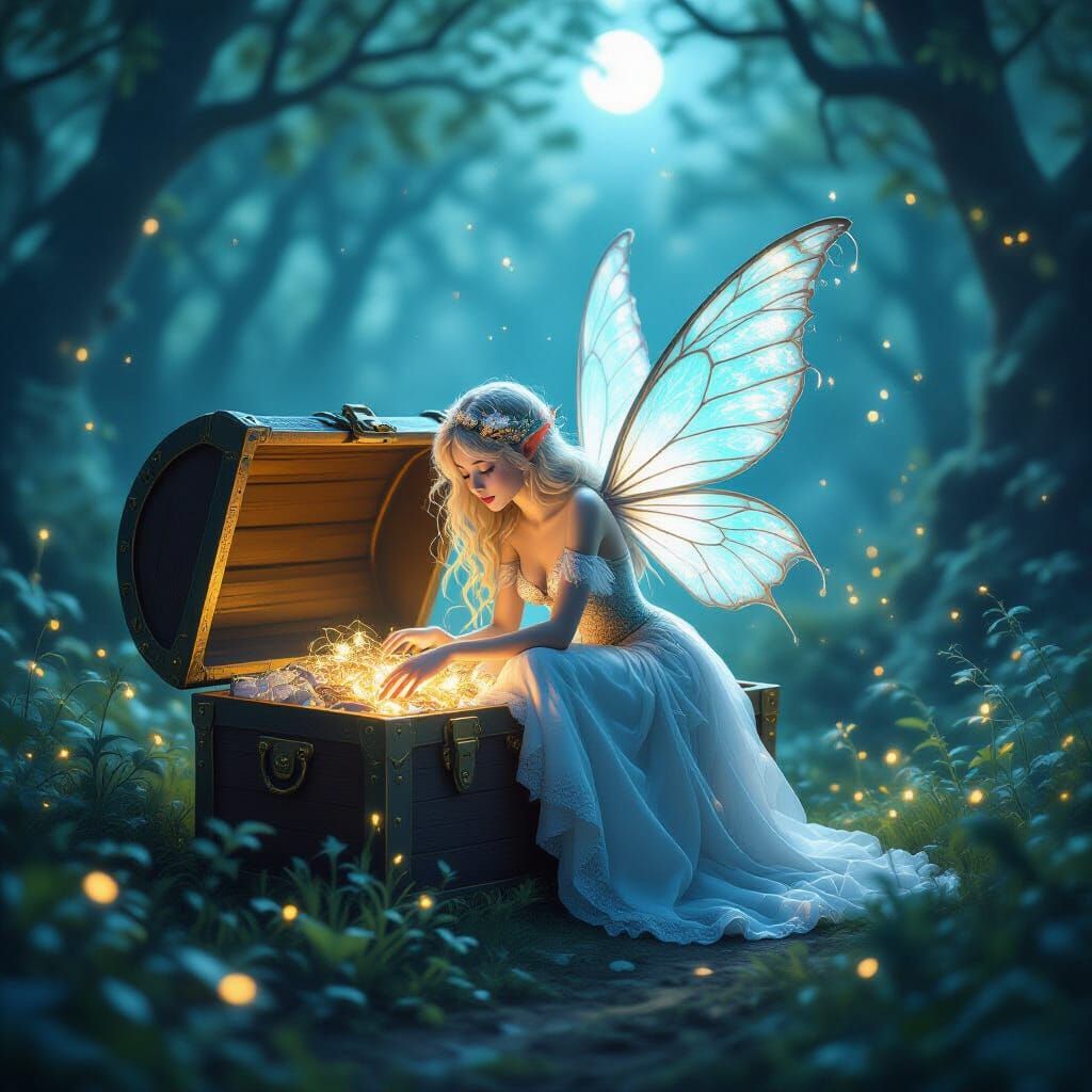 Ethereal Moonfairy Rests on Magic Treasure Chest