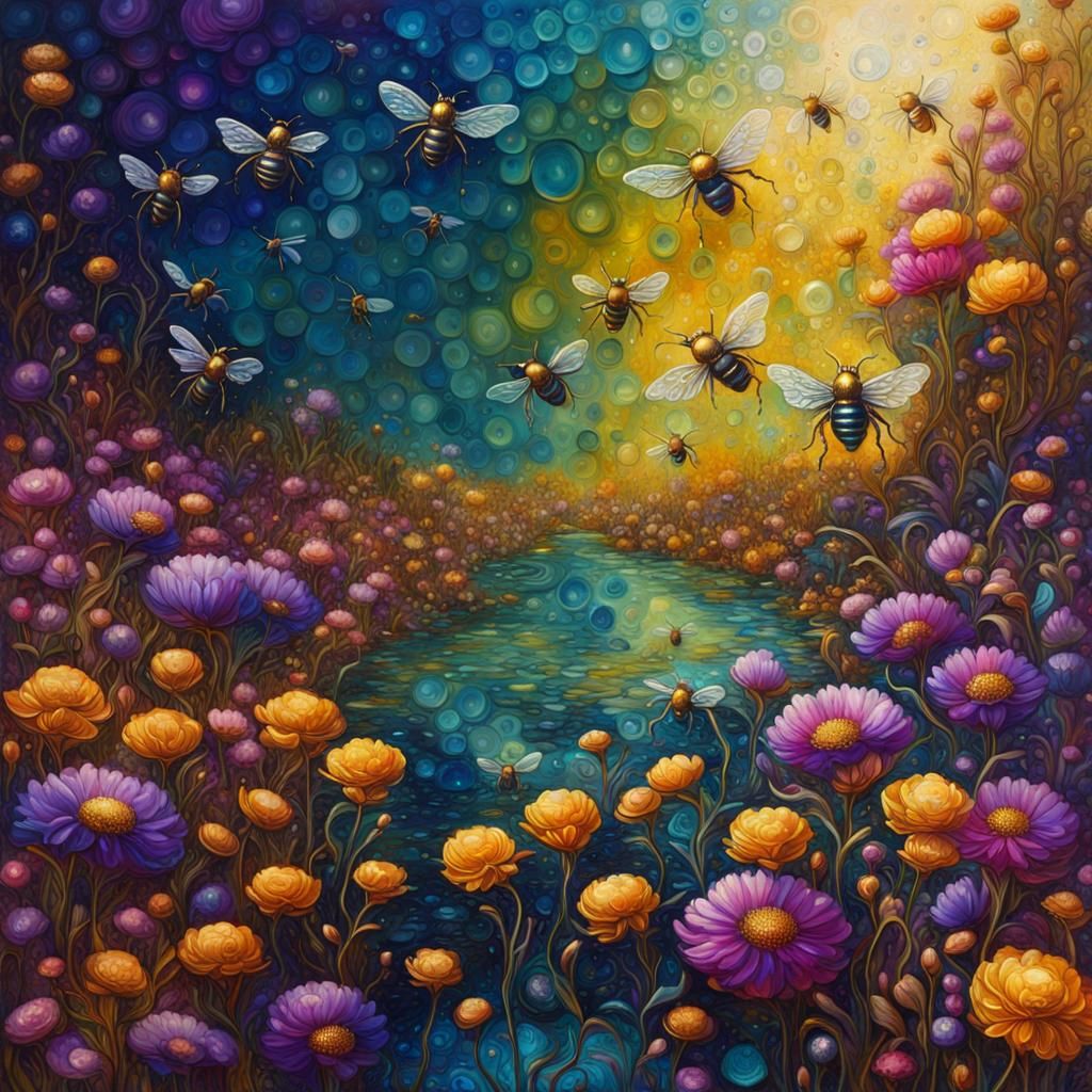 Metal Bees in Bioluminescent Jewel-Toned Flower Field