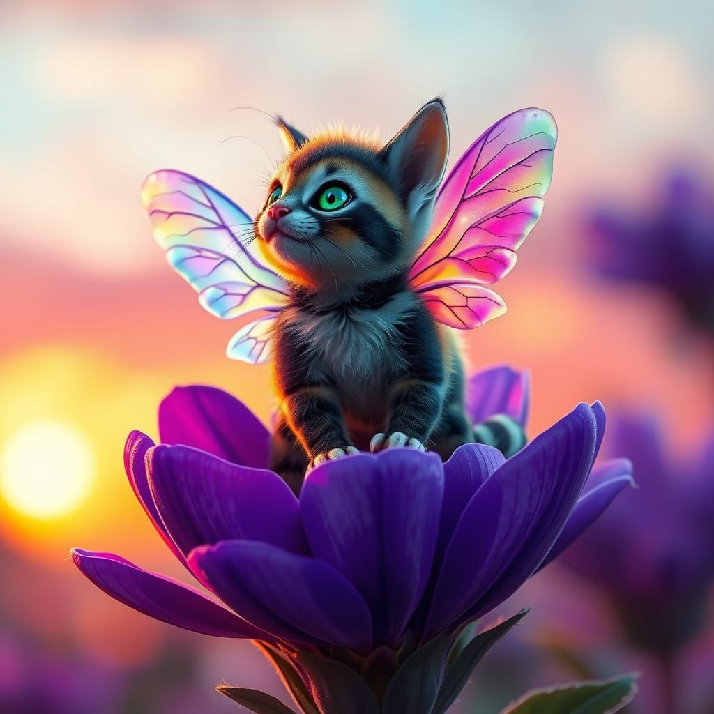 Iridescent Feline-Bumblebee Hybrid on Violet Bloom