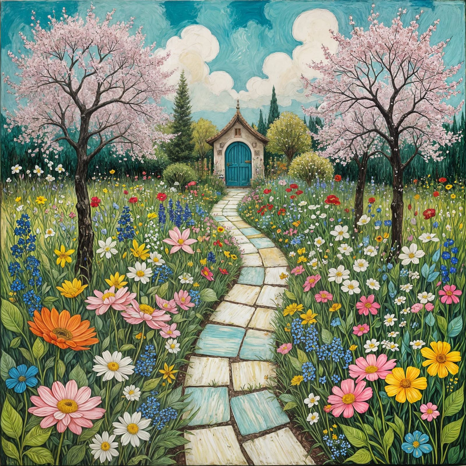 Whimsical Spring Garden Path in Encaustic Art