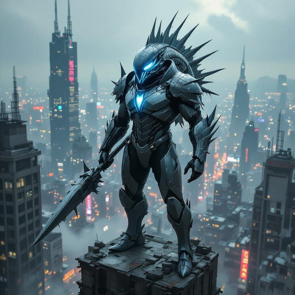 PikeMan in Dystopian Cityscape with Cyberpunk Armor