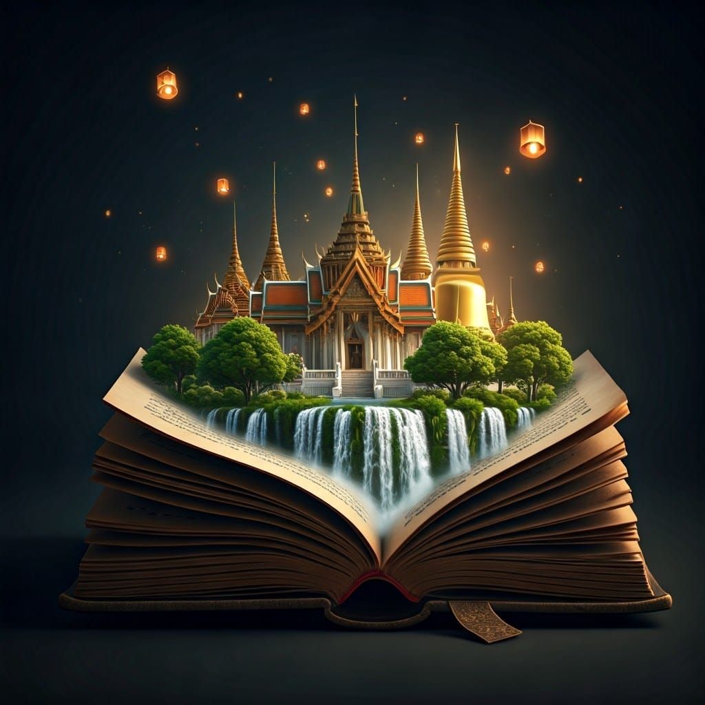 Ethereal Book Landscape with Golden Palace and Waterfalls