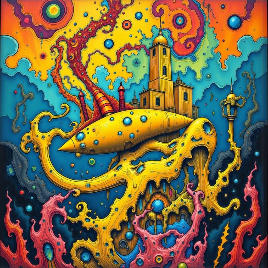 Psychedelic Yellow Submarine in Surreal Underwater Dreamscap...