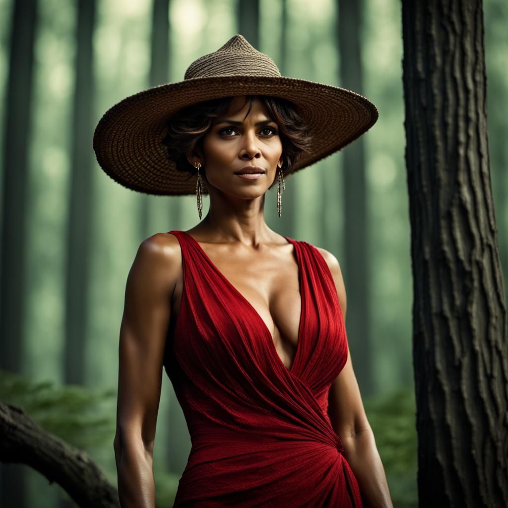 Woman in Red Dress in Forest, Hyperrealistic