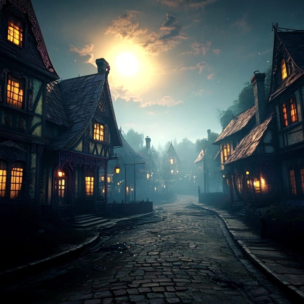Moonlit Village Houses: A Digital Matte Painting