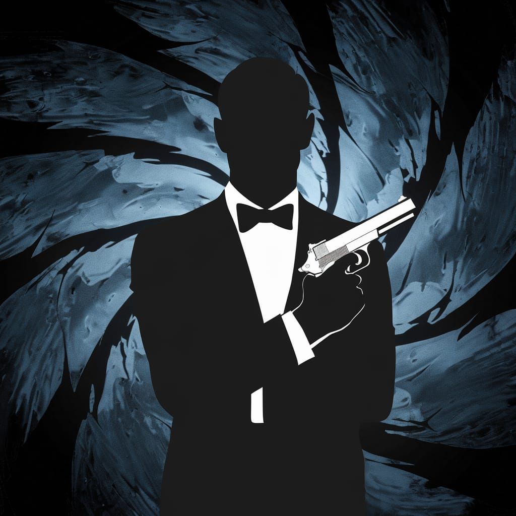 James Bond Silhouette with Gun on Dark Blue