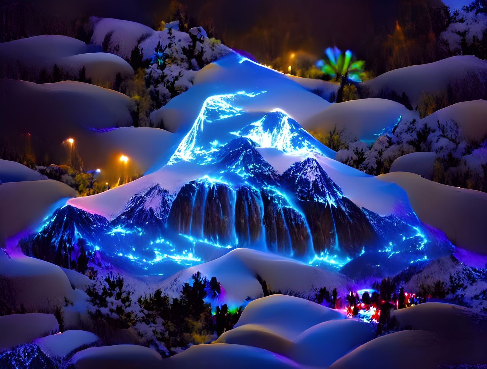 Neon Lit Mountain: Radiant Winter Cascade