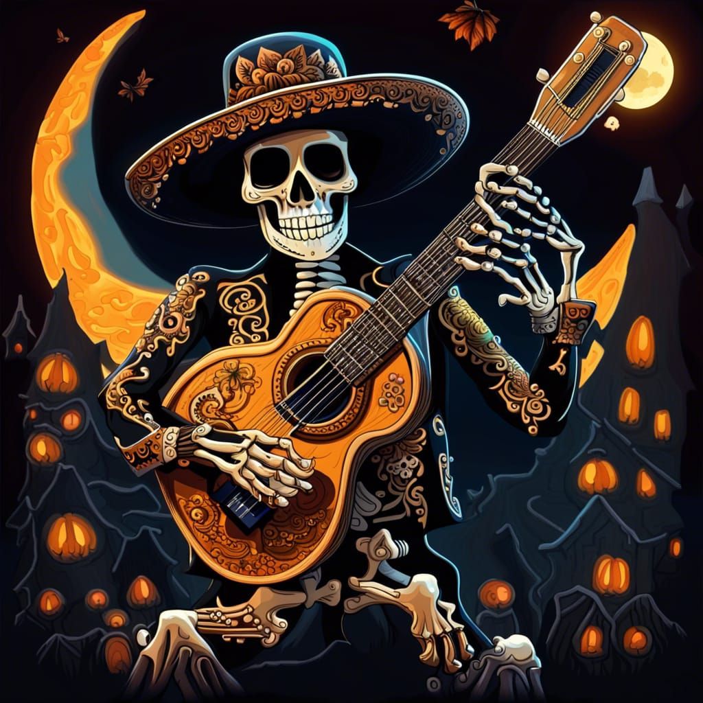 Mariachi Skeleton Guitarist in Detailed Digital Painting