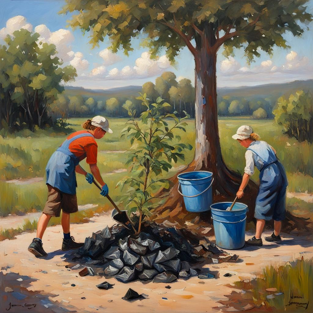 Boy Cleans Garbage, Girl Plants Tree: Oil Painting
