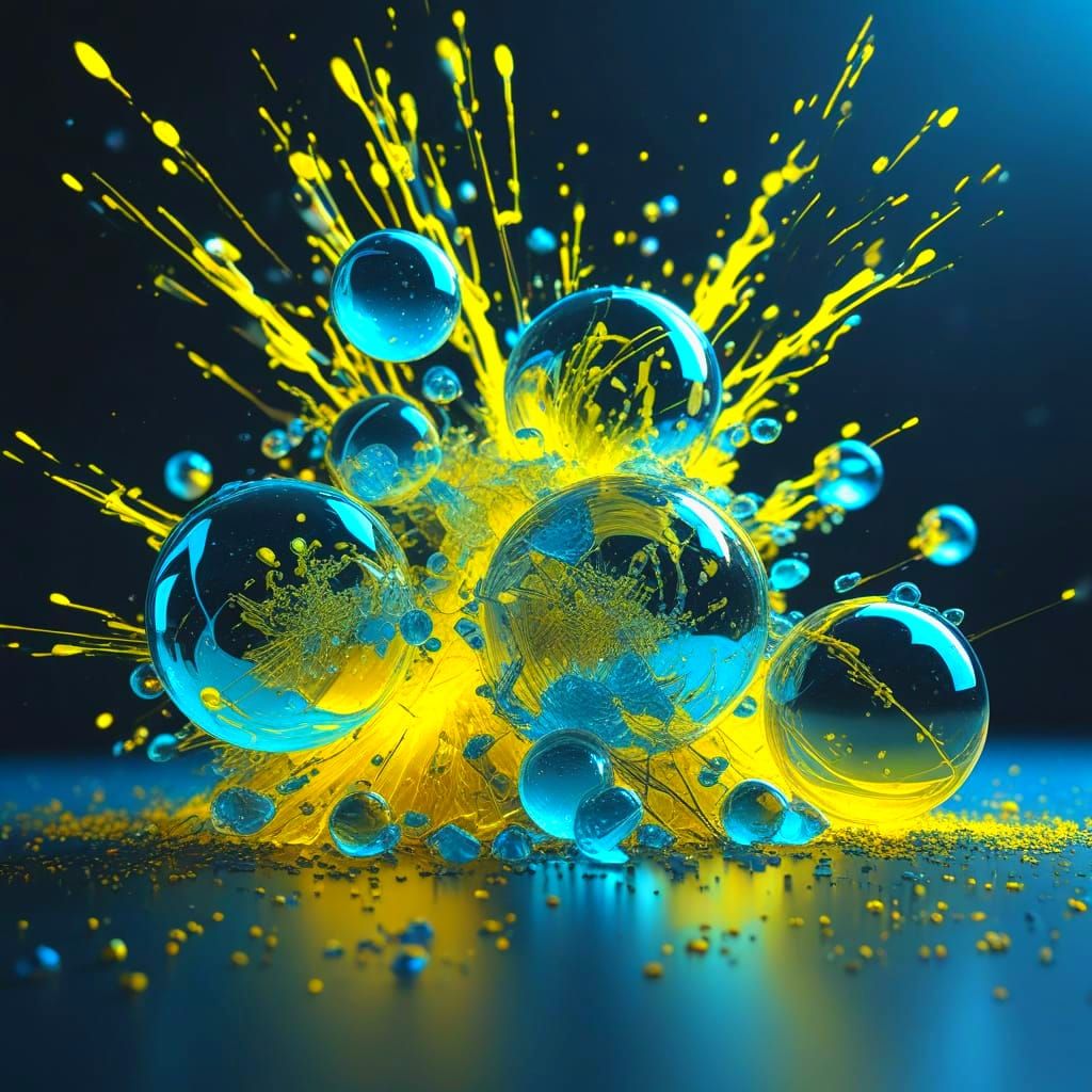 Glass Shattering into Vibrant Yellow Spheres on Electric Blu...