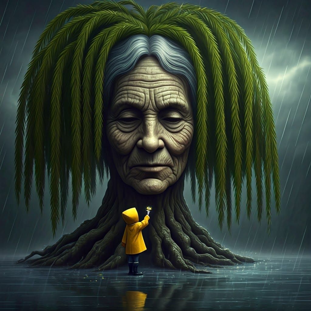 A Weeping Willow Tree with a Mysterious Old Woman