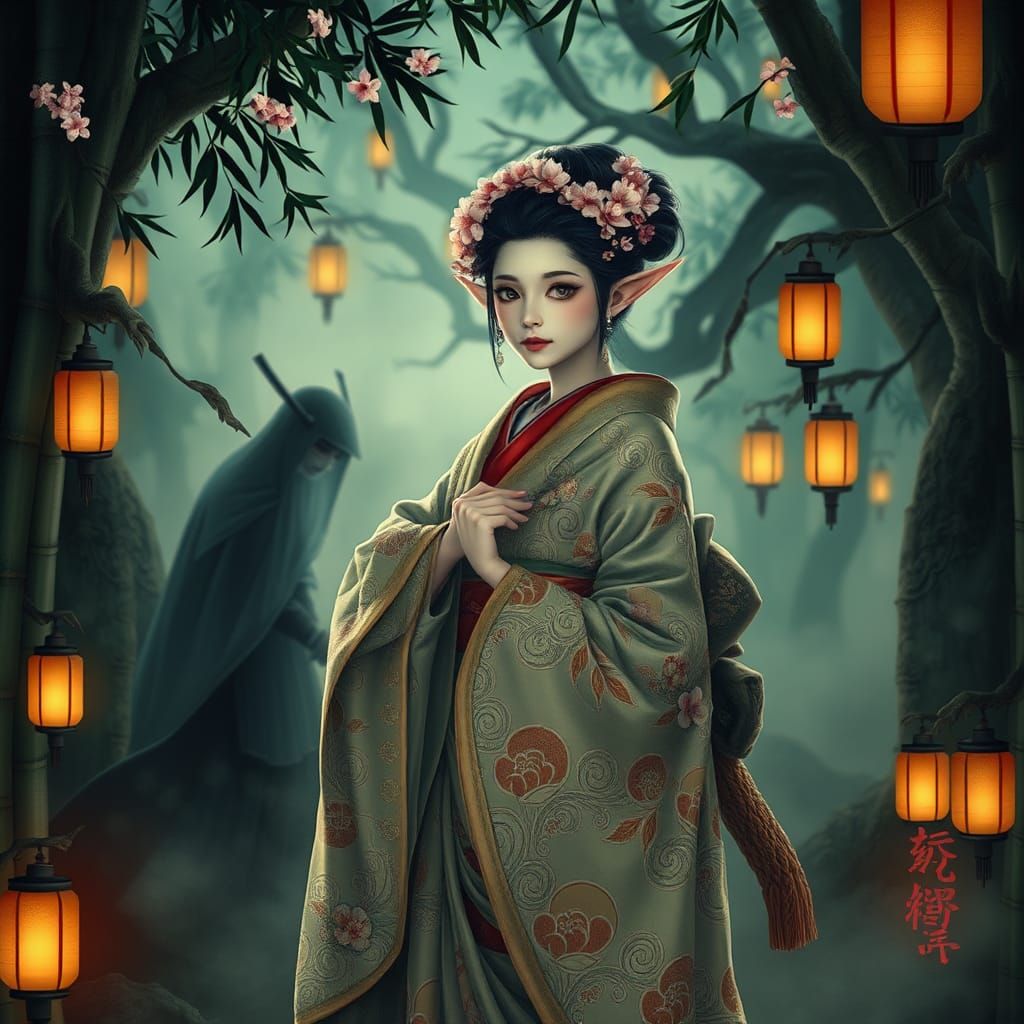 Elf Geisha and Ghost Samurai in Japanese Setting