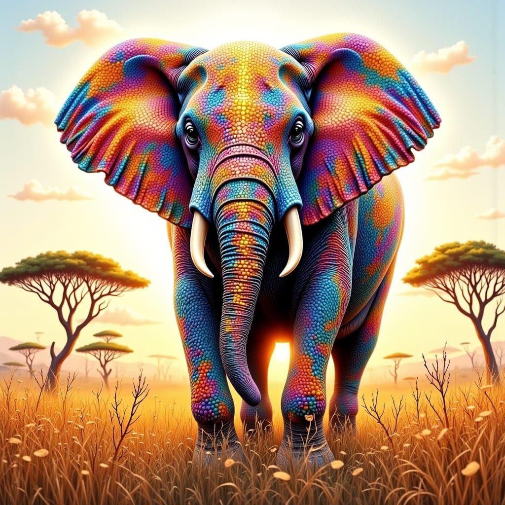 Vibrant Beaded Elephant in a Dreamy Savanna Landscape